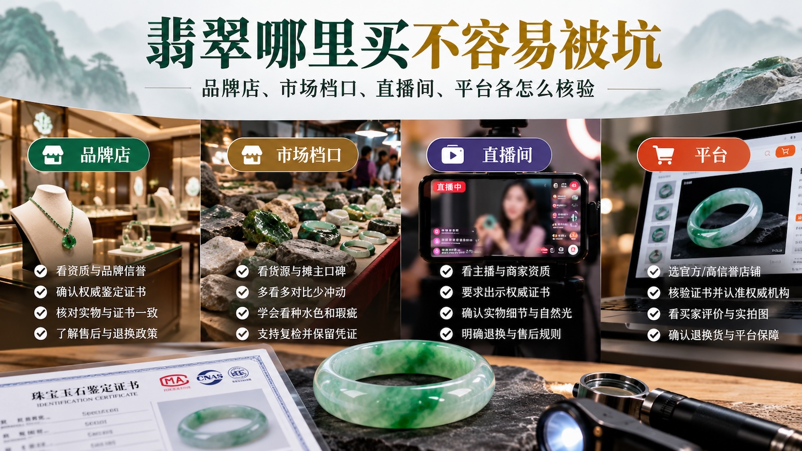 翡翠哪里买不容易被坑:品牌店、市场档口、直播间、平台各怎么核验