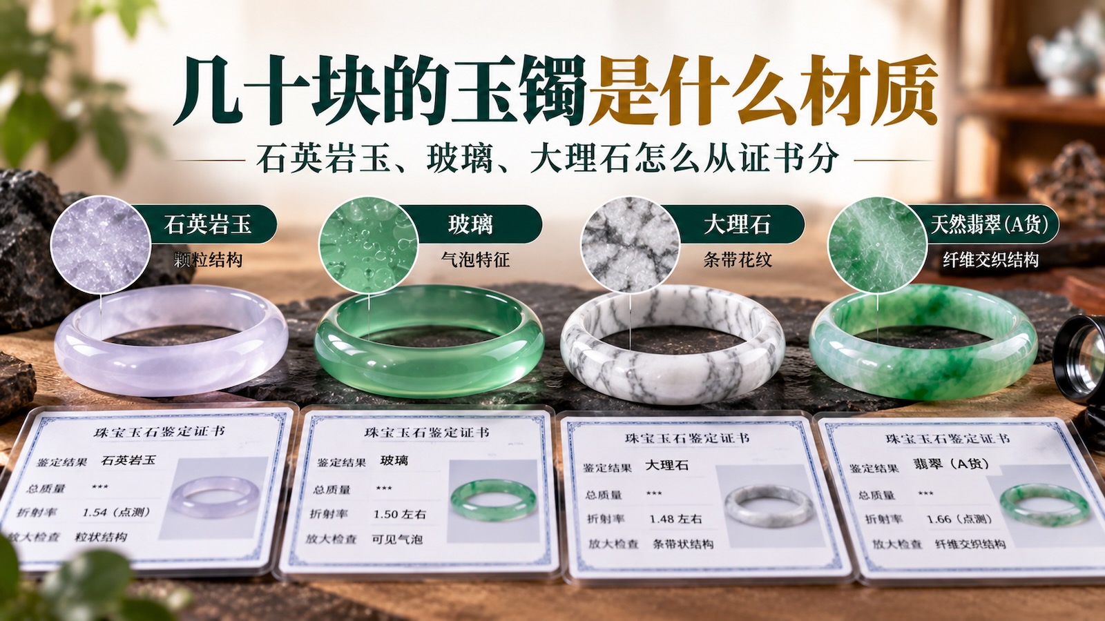 几十块的玉镯是什么材质:石英岩玉、玻璃、大理石怎么从证书分